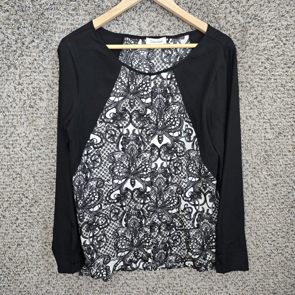 Calvin Klein Top Womens Medium Black Paisley‎ Print Blouse Button Casual Ladies
